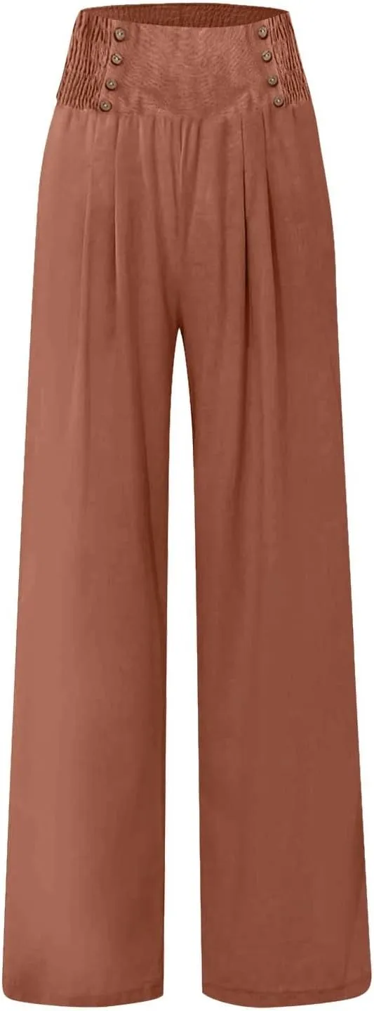 Summer Linen Pants for Women Comfy Smocked High Waist Wide Leg Pants Casual Flowy Palazzo Beach Pants with Pockets