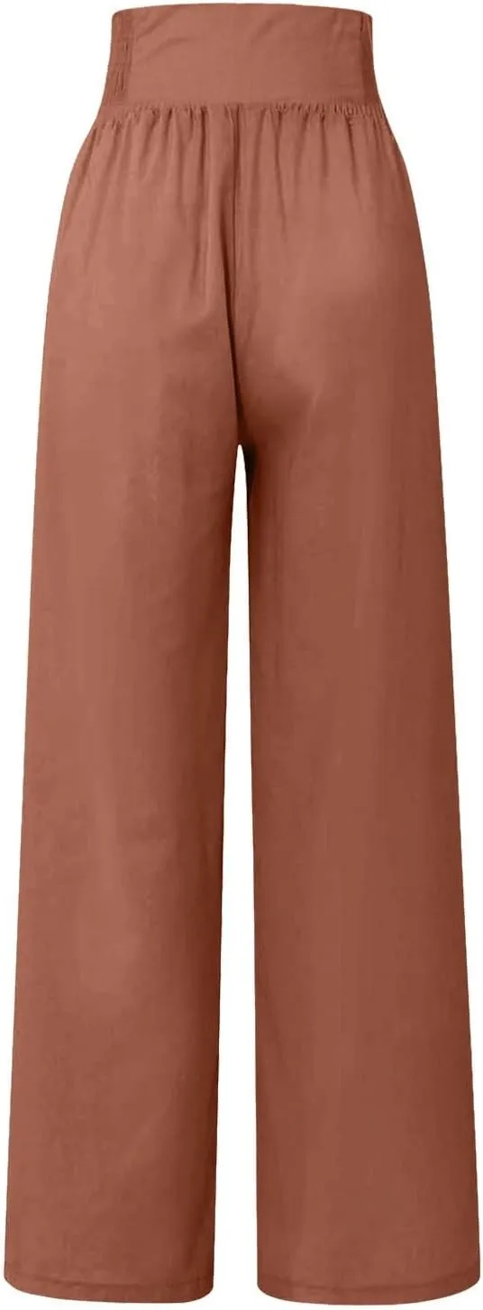 Summer Linen Pants for Women Comfy Smocked High Waist Wide Leg Pants Casual Flowy Palazzo Beach Pants with Pockets