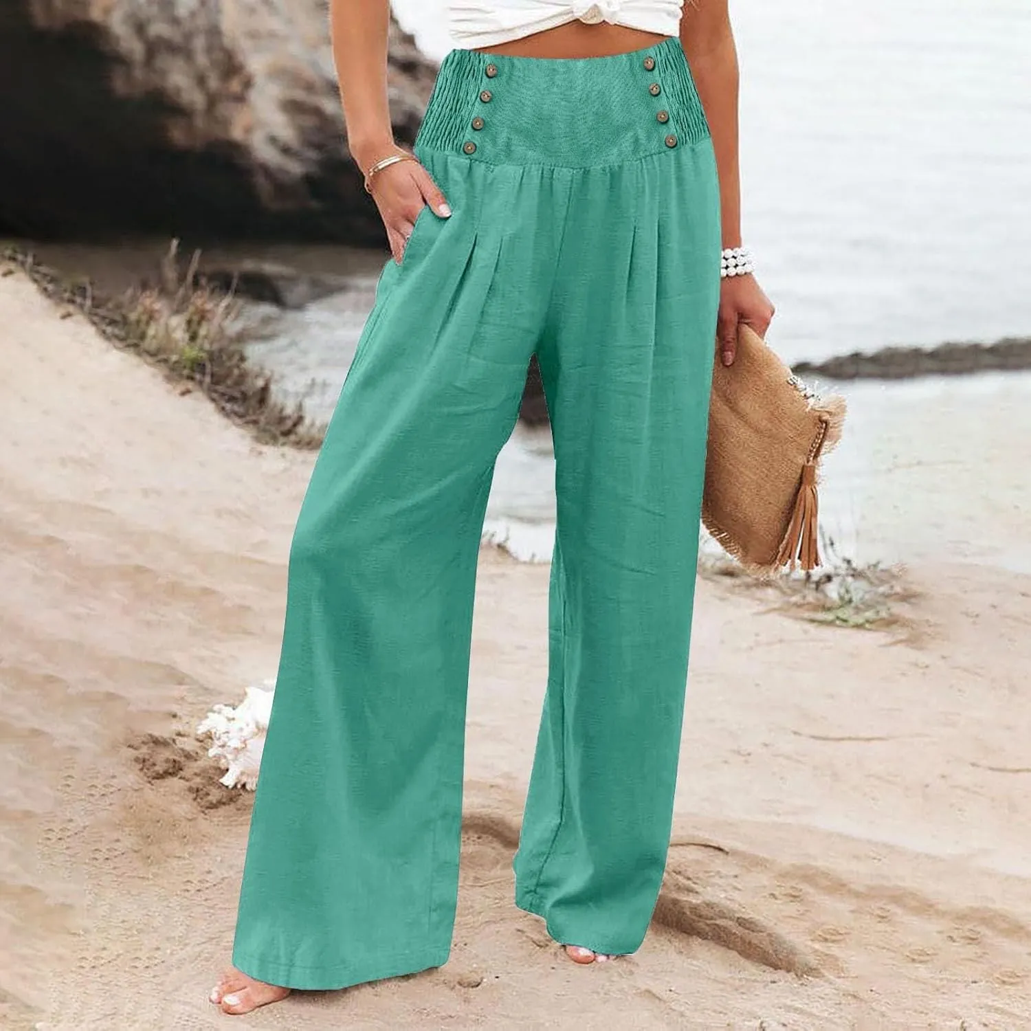 Summer Linen Pants for Women Comfy Smocked High Waist Wide Leg Pants Casual Flowy Palazzo Beach Pants with Pockets
