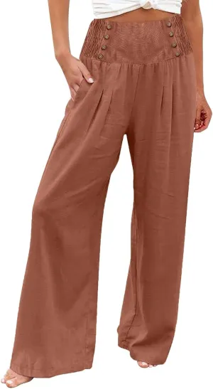 Summer Linen Pants for Women Comfy Smocked High Waist Wide Leg Pants Casual Flowy Palazzo Beach Pants with Pockets