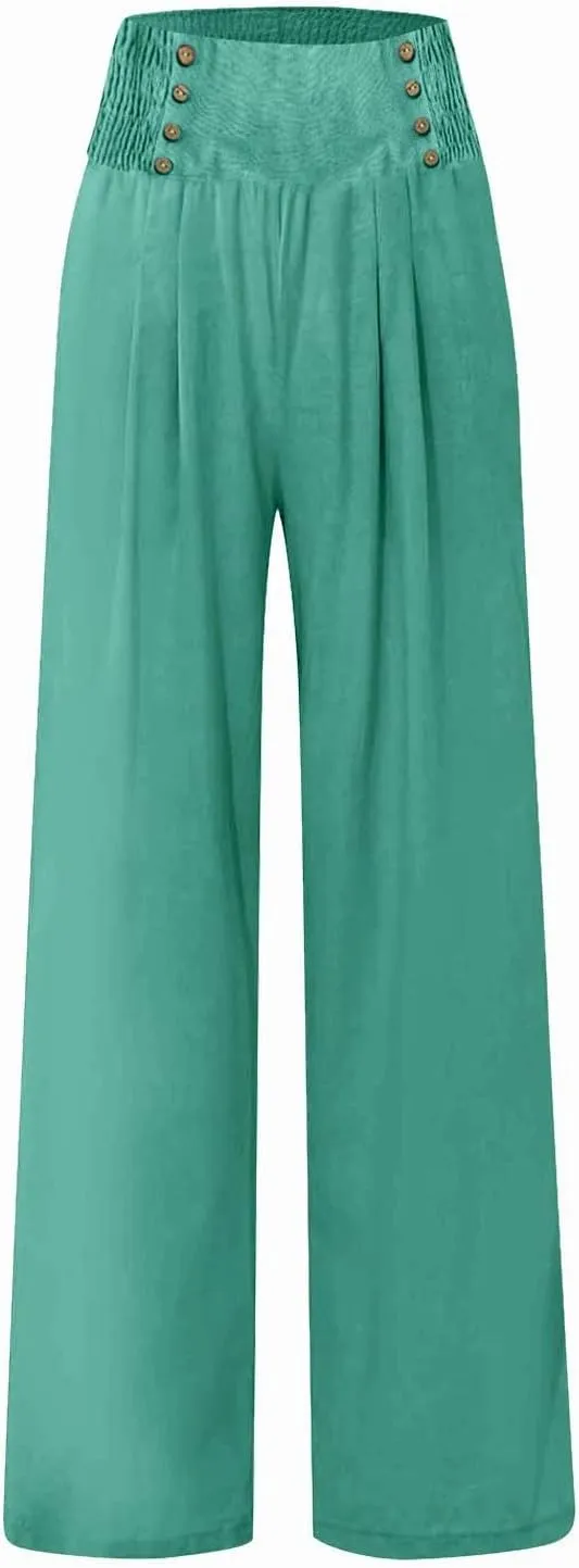 Summer Linen Pants for Women Comfy Smocked High Waist Wide Leg Pants Casual Flowy Palazzo Beach Pants with Pockets