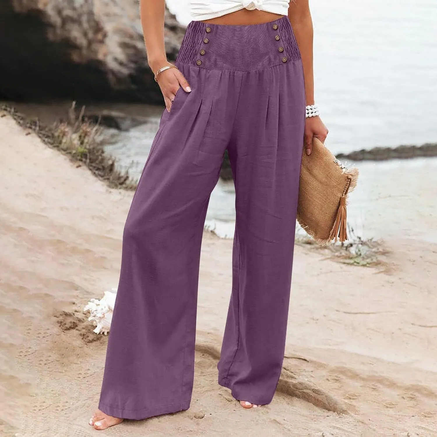Summer Linen Pants for Women Comfy Smocked High Waist Wide Leg Pants Casual Flowy Palazzo Beach Pants with Pockets