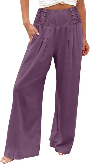 Summer Linen Pants for Women Comfy Smocked High Waist Wide Leg Pants Casual Flowy Palazzo Beach Pants with Pockets