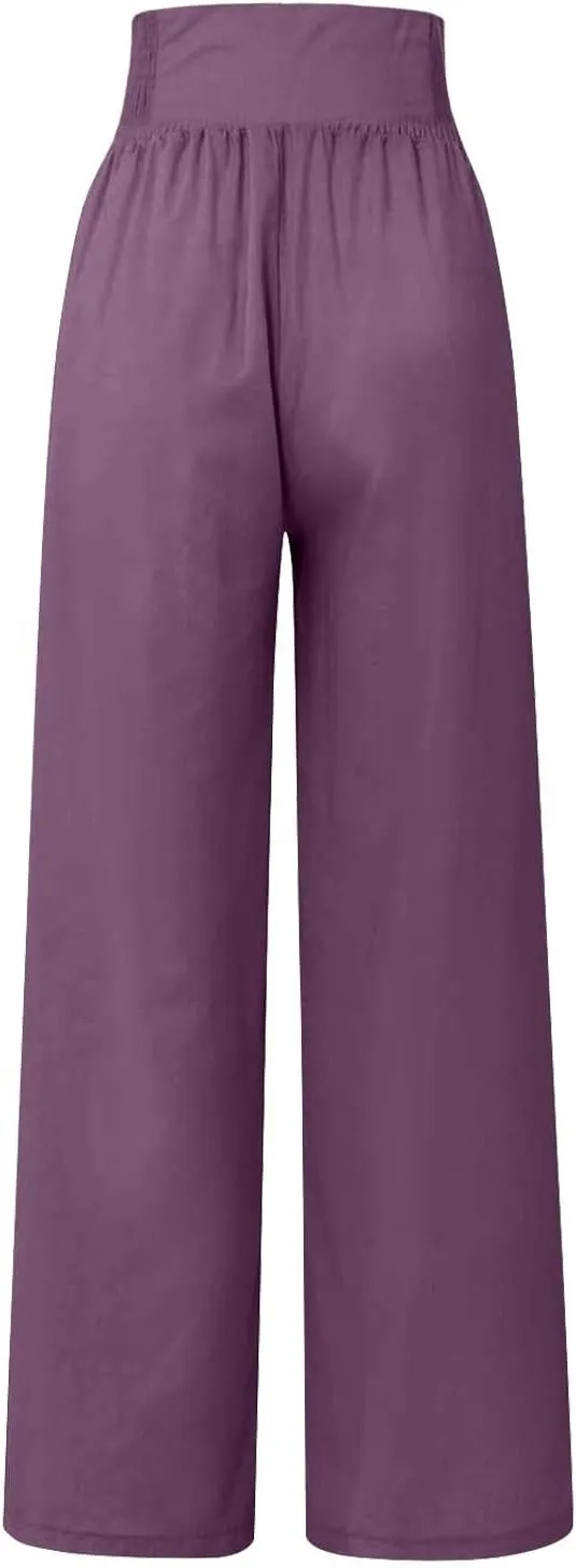 Summer Linen Pants for Women Comfy Smocked High Waist Wide Leg Pants Casual Flowy Palazzo Beach Pants with Pockets