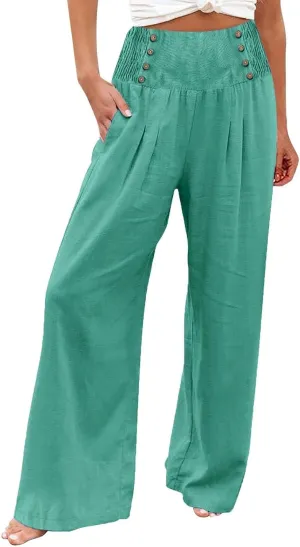 Summer Linen Pants for Women Comfy Smocked High Waist Wide Leg Pants Casual Flowy Palazzo Beach Pants with Pockets