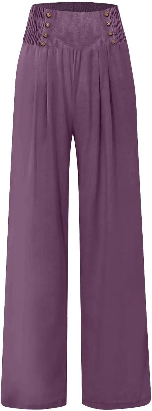 Summer Linen Pants for Women Comfy Smocked High Waist Wide Leg Pants Casual Flowy Palazzo Beach Pants with Pockets