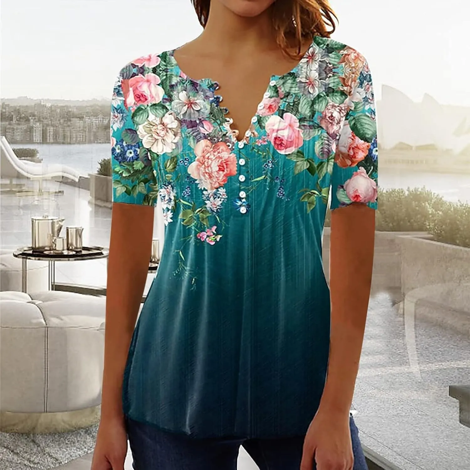 Summer Tops for Women 2025 Trendy Boho Floral Shirts Short Sleeve V Neck T-Shirt Graphic Tees Blouse