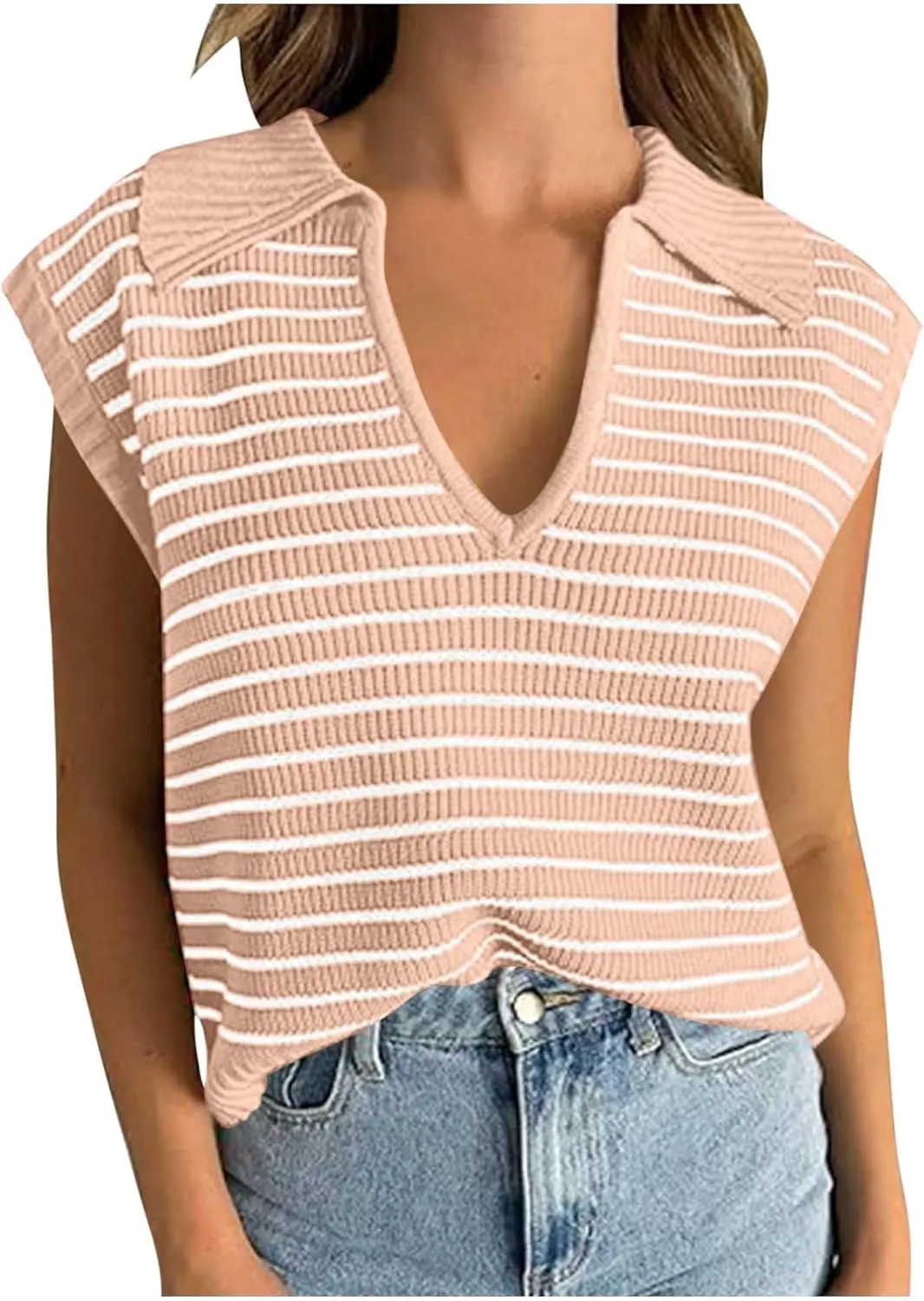 Summer Tops for Women Trendy 2025 Dressy Casual Sleeveless, Cap Sleeve Knitted Striped Shirt, Going Out Tops Cropped