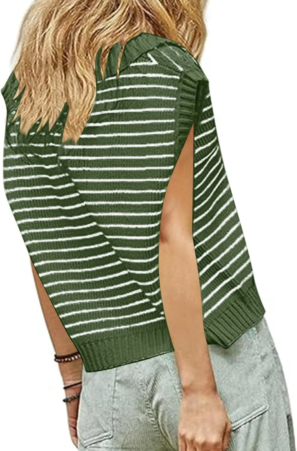 Summer Tops for Women Trendy 2025 Dressy Casual Sleeveless, Cap Sleeve Knitted Striped Shirt, Going Out Tops Cropped