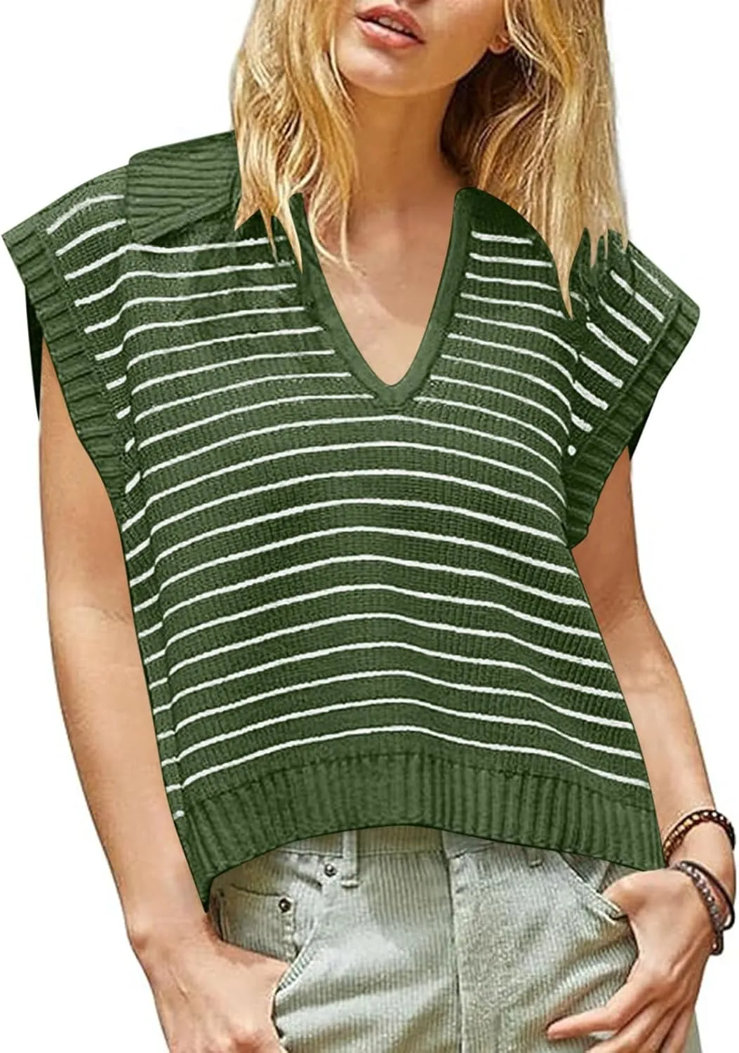 Summer Tops for Women Trendy 2025 Dressy Casual Sleeveless, Cap Sleeve Knitted Striped Shirt, Going Out Tops Cropped