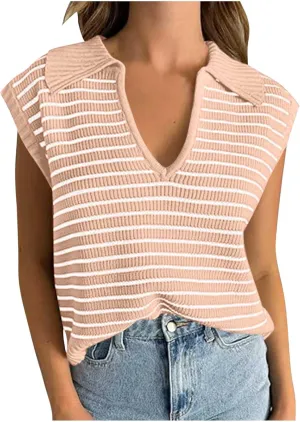 Summer Tops for Women Trendy 2025 Dressy Casual Sleeveless, Cap Sleeve Knitted Striped Shirt, Going Out Tops Cropped