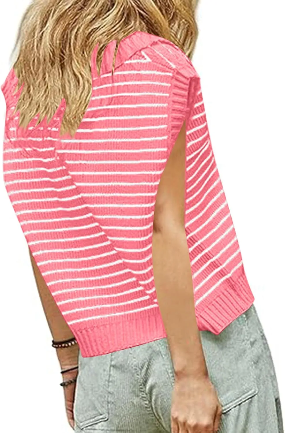 Summer Tops for Women Trendy 2025 Dressy Casual Sleeveless, Cap Sleeve Knitted Striped Shirt, Going Out Tops Cropped