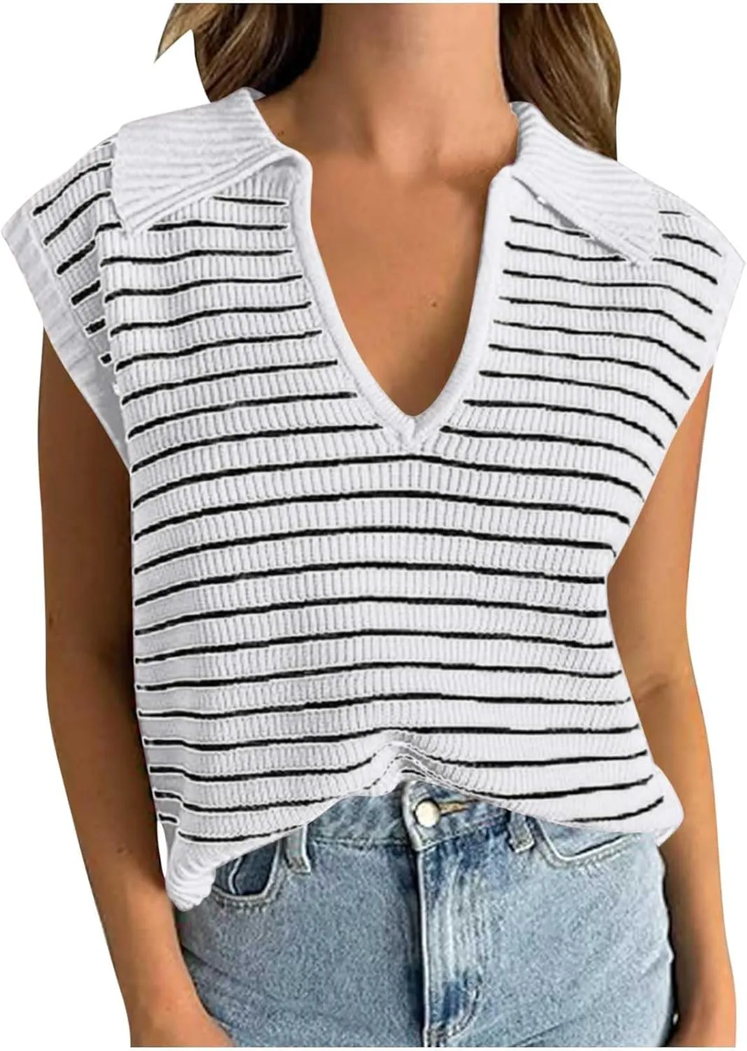 Summer Tops for Women Trendy 2025 Dressy Casual Sleeveless, Cap Sleeve Knitted Striped Shirt, Going Out Tops Cropped