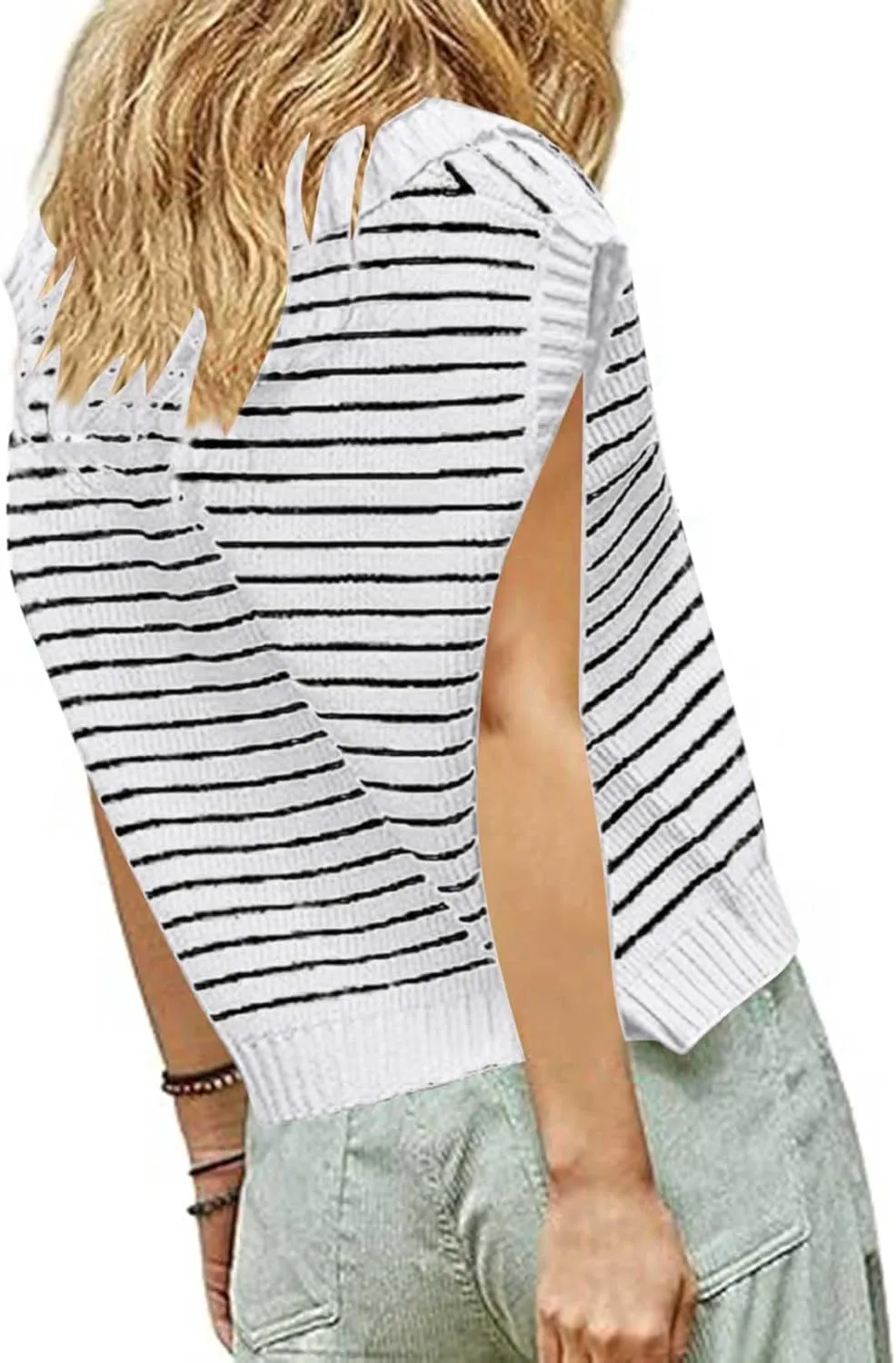 Summer Tops for Women Trendy 2025 Dressy Casual Sleeveless, Cap Sleeve Knitted Striped Shirt, Going Out Tops Cropped