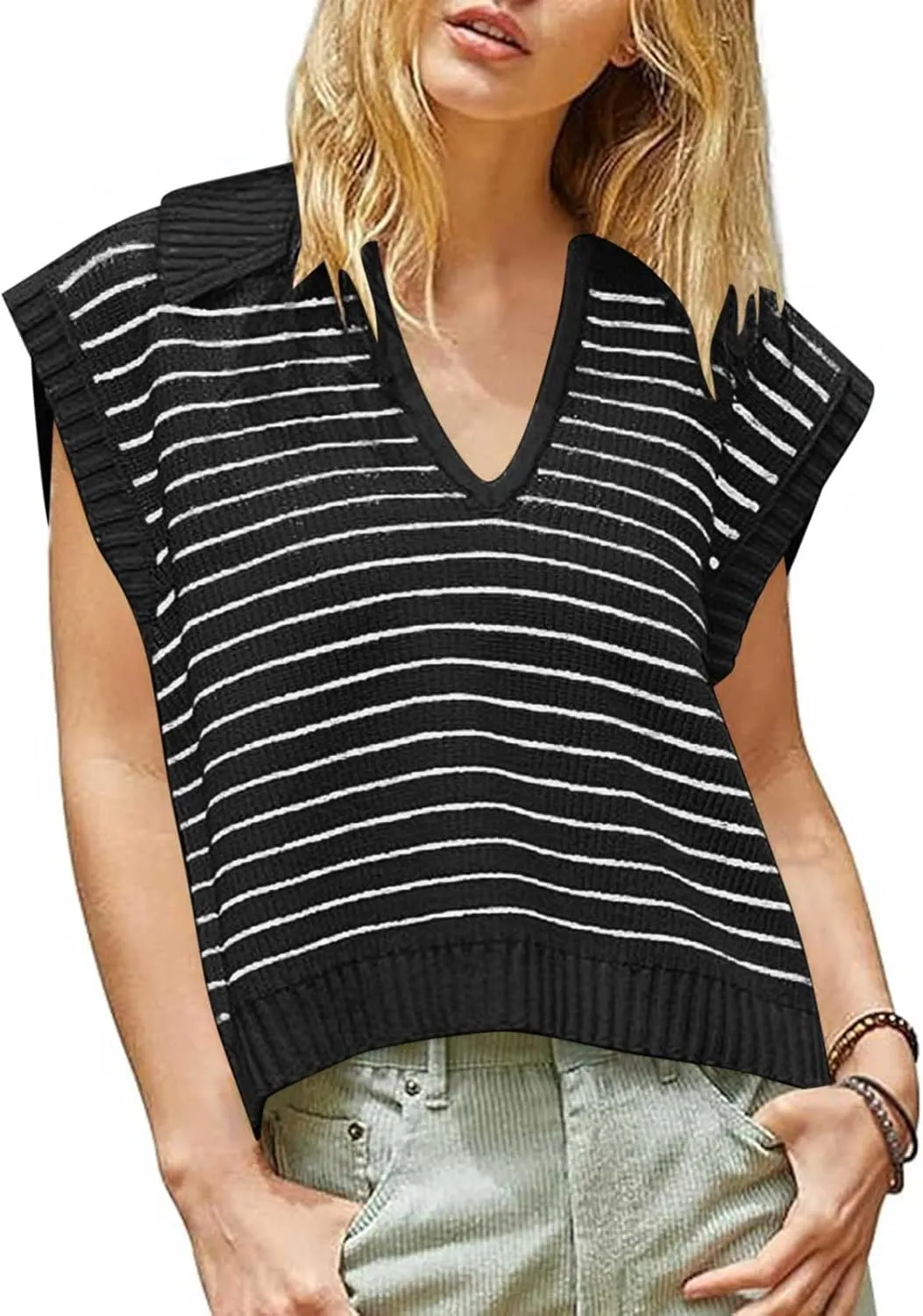 Summer Tops for Women Trendy 2025 Dressy Casual Sleeveless, Cap Sleeve Knitted Striped Shirt, Going Out Tops Cropped
