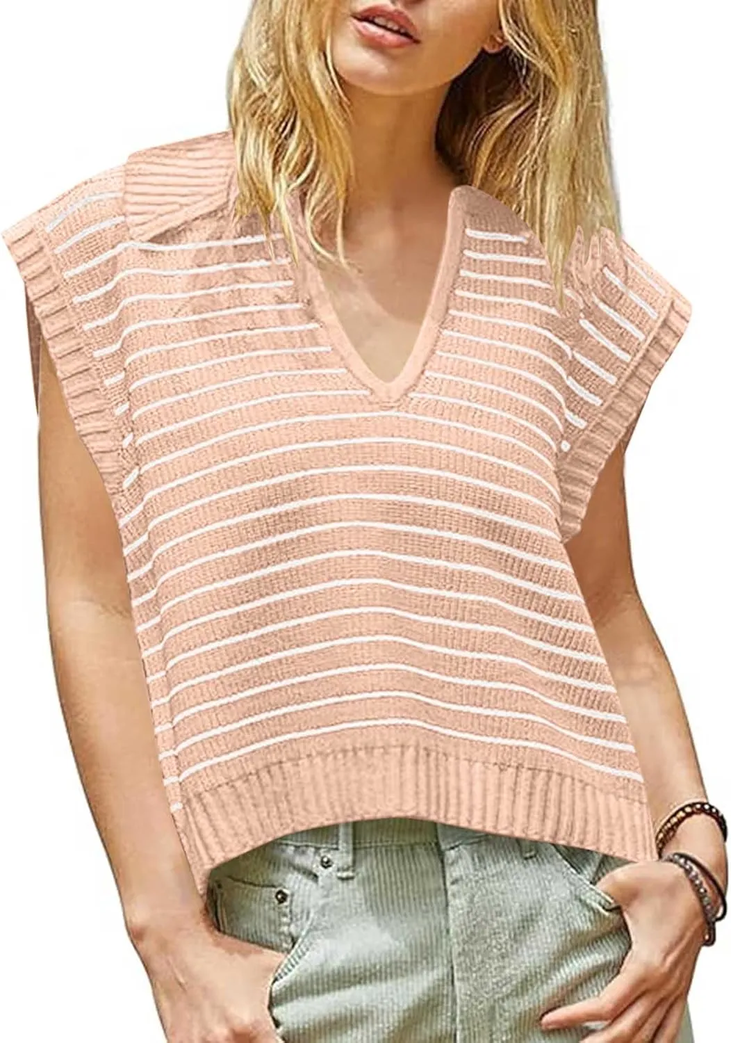 Summer Tops for Women Trendy 2025 Dressy Casual Sleeveless, Cap Sleeve Knitted Striped Shirt, Going Out Tops Cropped