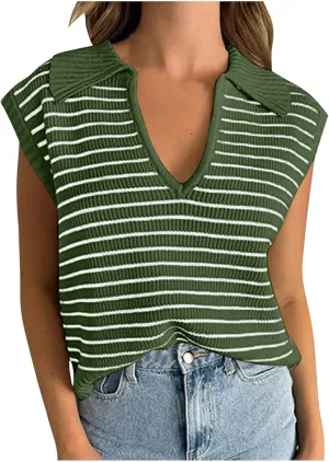 Summer Tops for Women Trendy 2025 Dressy Casual Sleeveless, Cap Sleeve Knitted Striped Shirt, Going Out Tops Cropped