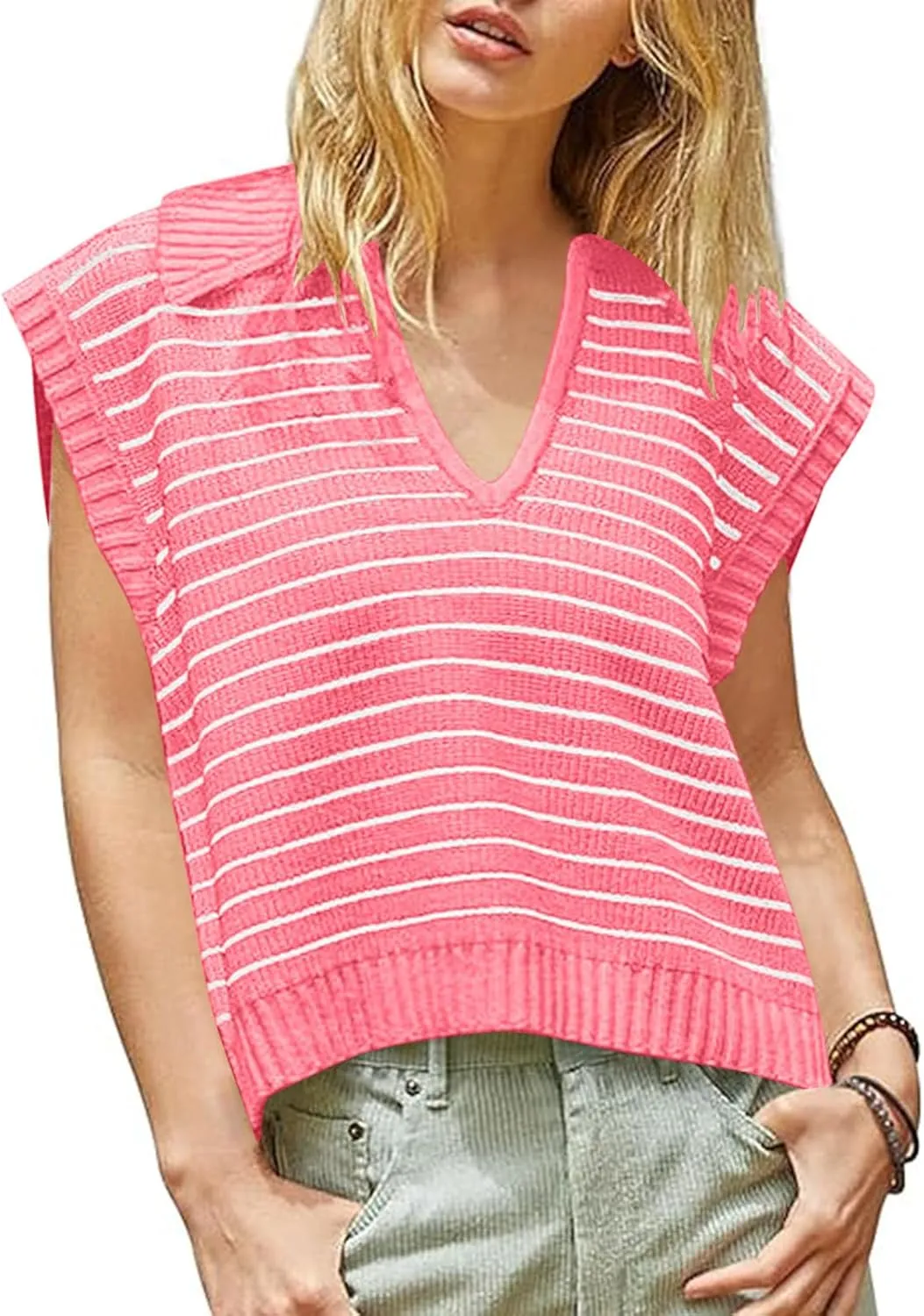 Summer Tops for Women Trendy 2025 Dressy Casual Sleeveless, Cap Sleeve Knitted Striped Shirt, Going Out Tops Cropped