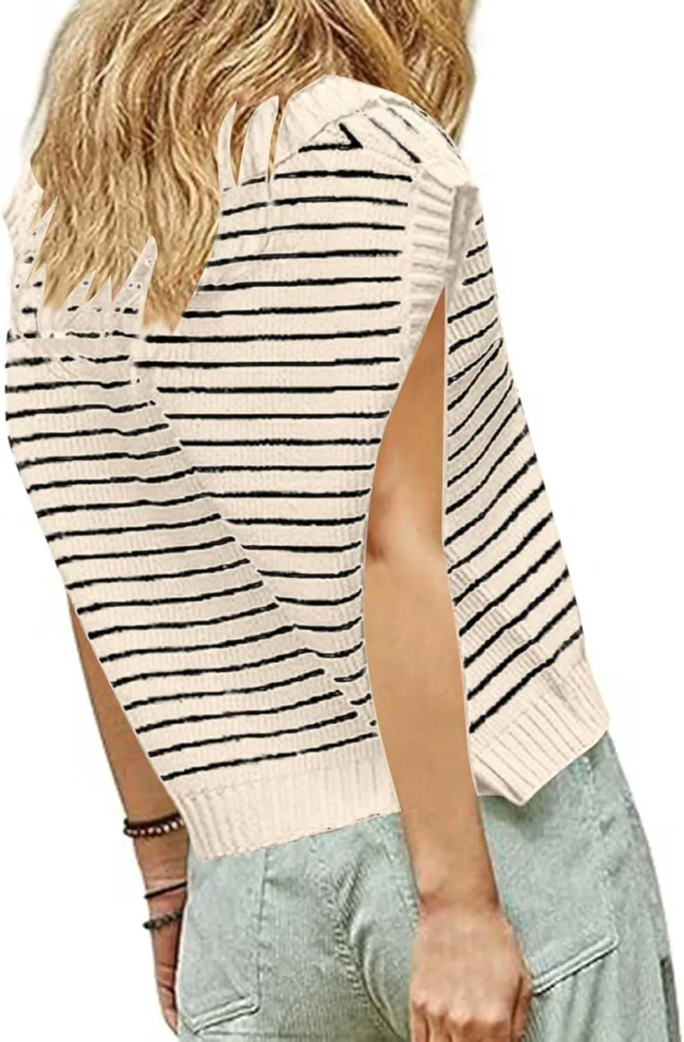 Summer Tops for Women Trendy 2025 Dressy Casual Sleeveless, Cap Sleeve Knitted Striped Shirt, Going Out Tops Cropped