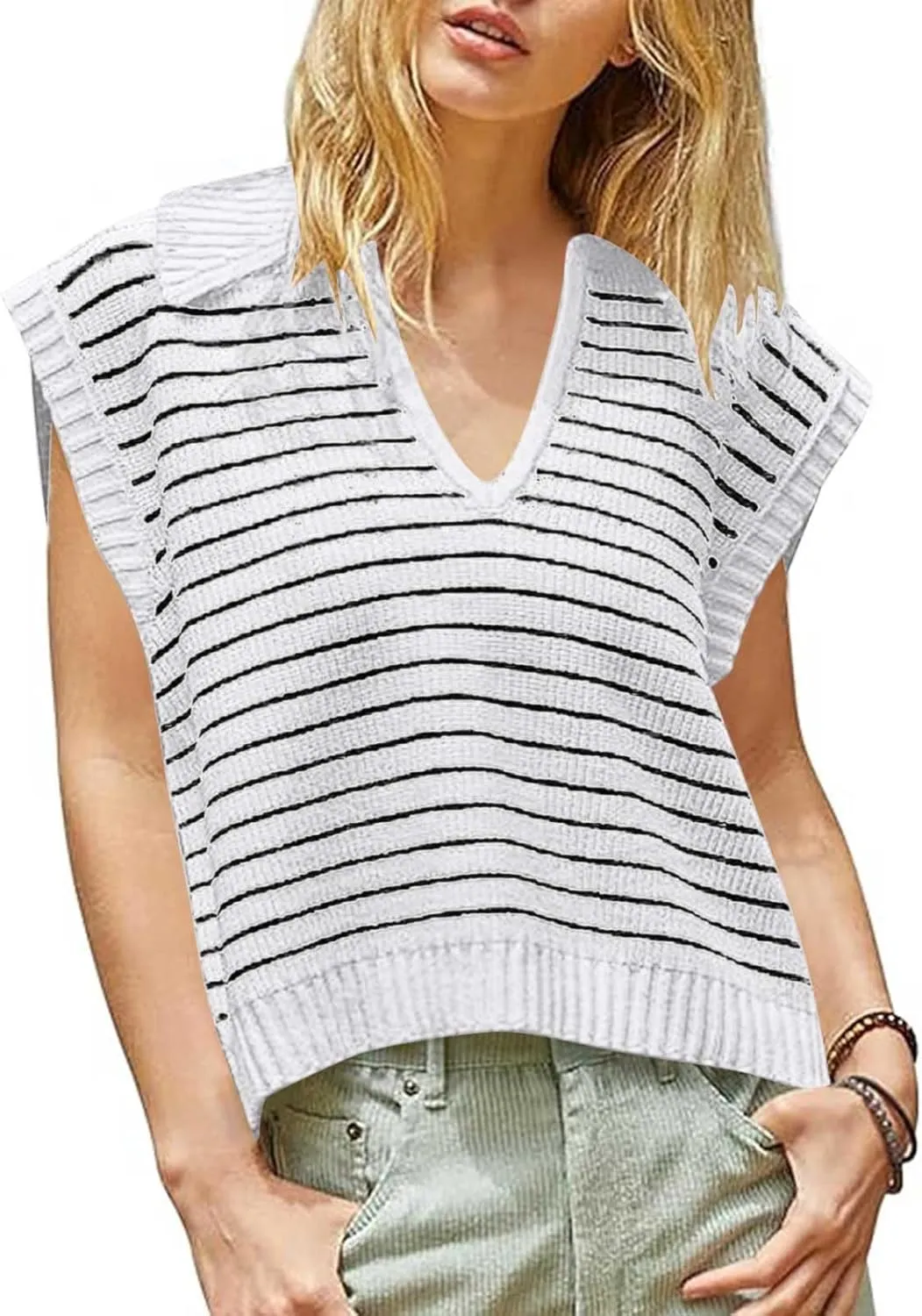 Summer Tops for Women Trendy 2025 Dressy Casual Sleeveless, Cap Sleeve Knitted Striped Shirt, Going Out Tops Cropped