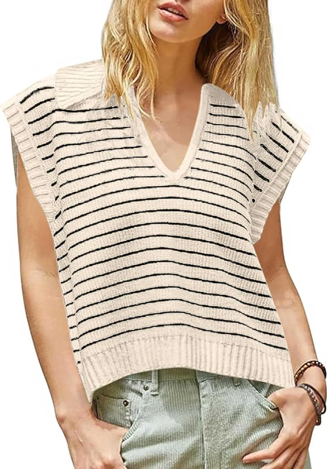 Summer Tops for Women Trendy 2025 Dressy Casual Sleeveless, Cap Sleeve Knitted Striped Shirt, Going Out Tops Cropped