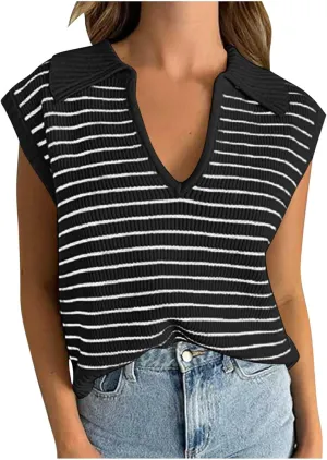 Summer Tops for Women Trendy 2025 Dressy Casual Sleeveless, Cap Sleeve Knitted Striped Shirt, Going Out Tops Cropped