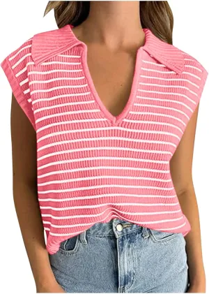 Summer Tops for Women Trendy 2025 Dressy Casual Sleeveless, Cap Sleeve Knitted Striped Shirt, Going Out Tops Cropped