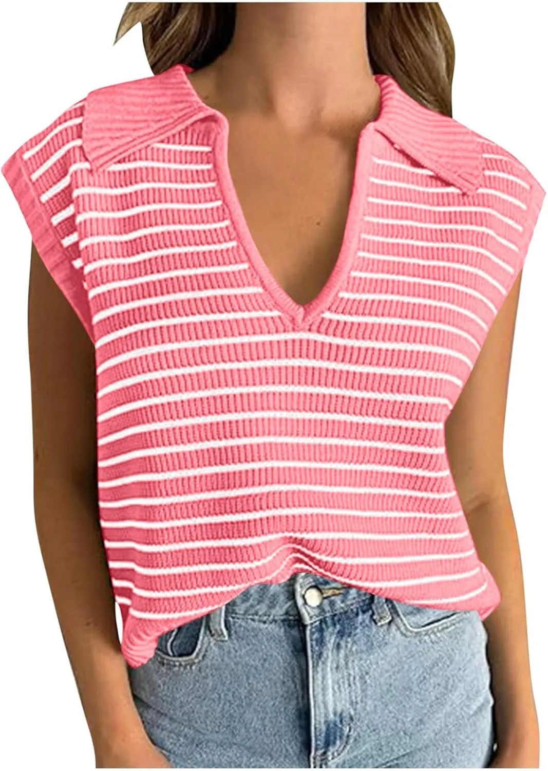 Summer Tops for Women Trendy 2025 Dressy Casual Sleeveless, Cap Sleeve Knitted Striped Shirt, Going Out Tops Cropped