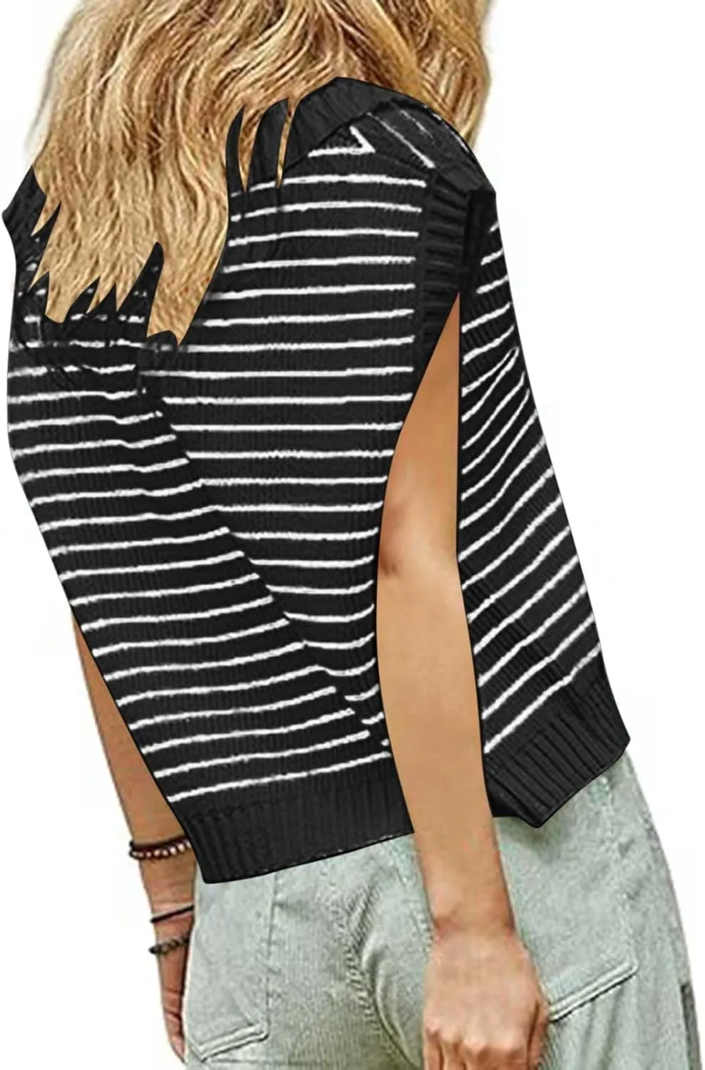 Summer Tops for Women Trendy 2025 Dressy Casual Sleeveless, Cap Sleeve Knitted Striped Shirt, Going Out Tops Cropped