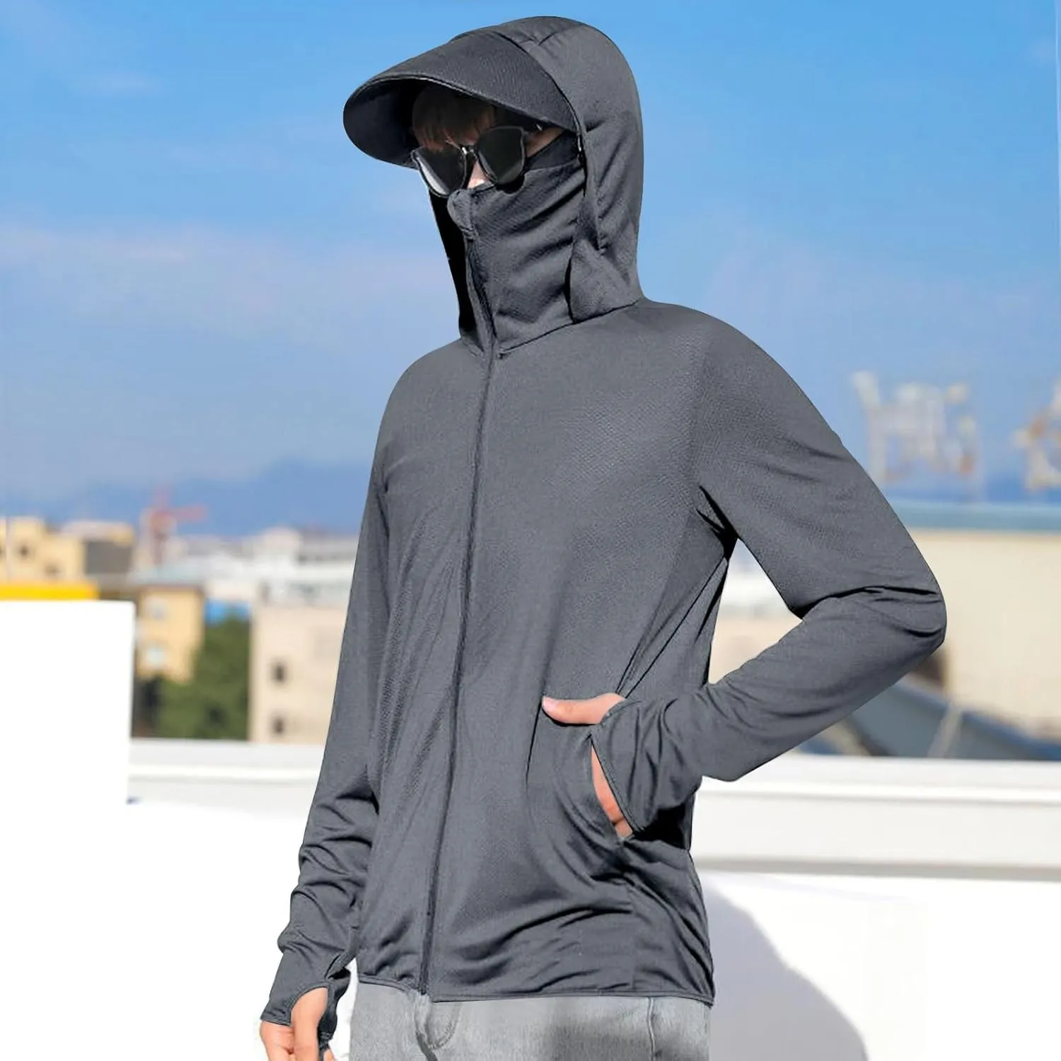 Sun Shirts for Men Hooded UPF 50  Fishing Shirt SPF UV Sun Hoodie Rash Guard Long Sleeve Outdoor Hiking Swim Shirts