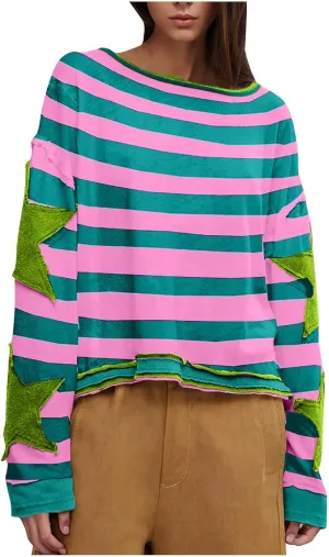 Sweatshirts for Women Crewneck Trendy Striped Patchwork Star 2024 Loose Fall Tops Long Sleeve Cropped Workout Pullover