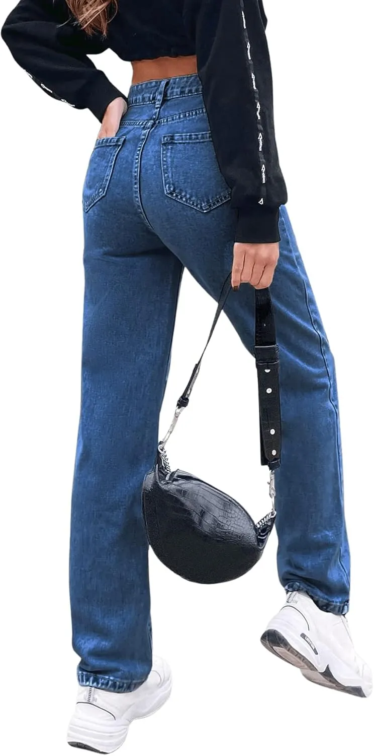 SweatyRocks Women's Casual High Waisted Straight Leg Boyfriend Jeans Denim Pants