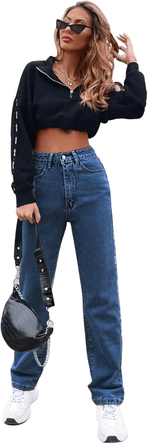 SweatyRocks Women's Casual High Waisted Straight Leg Boyfriend Jeans Denim Pants