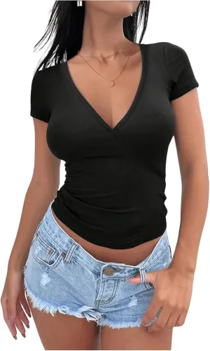 SweatyRocks Women's V Neck Fitted T Shirts Wrap Short Sleeve Summer Basic Plain Tee Tops