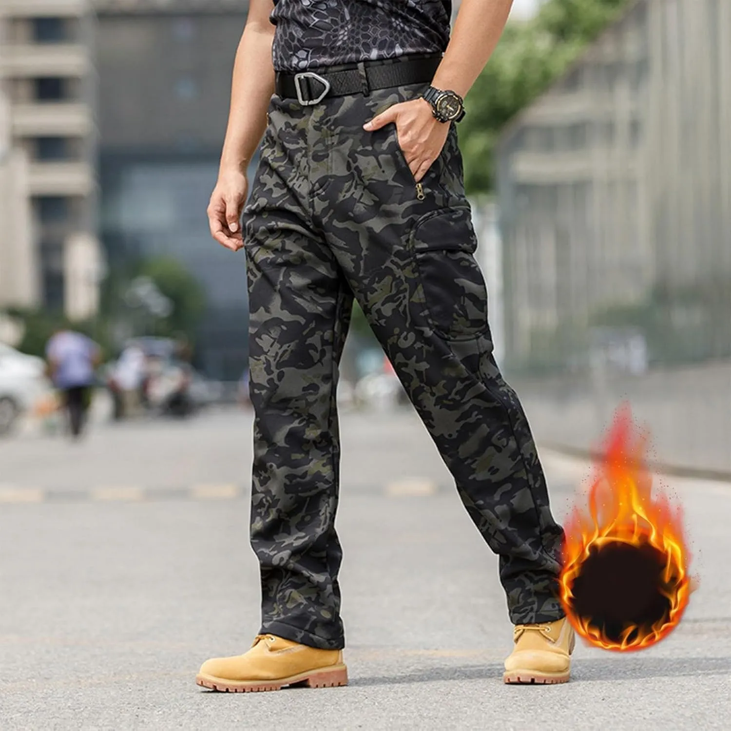 Tactical Pants for Men Waterproof Hiking Fleece Lined Pants with Multi Pockets Outdoor Flex Camo Cargo Pants