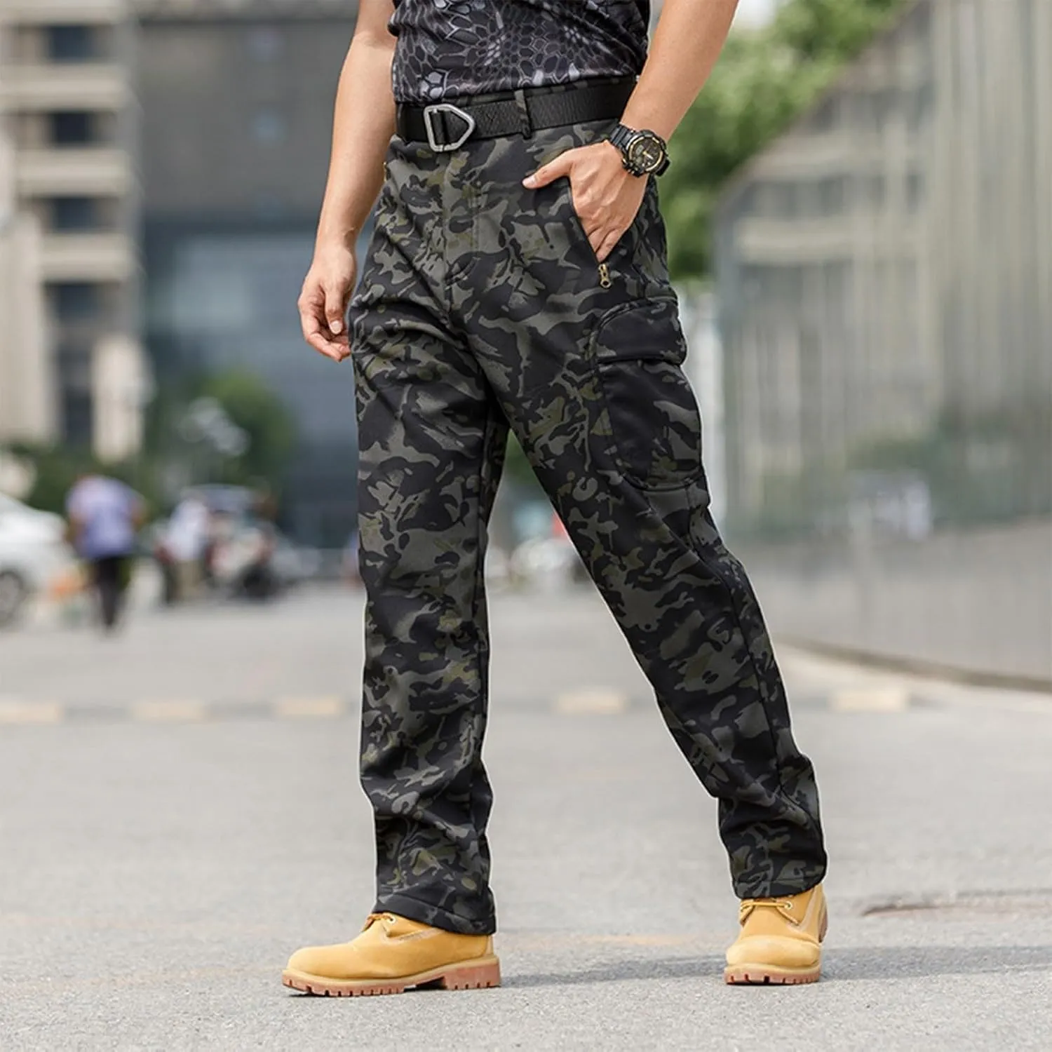Tactical Pants for Men Waterproof Hiking Fleece Lined Pants with Multi Pockets Outdoor Flex Camo Cargo Pants