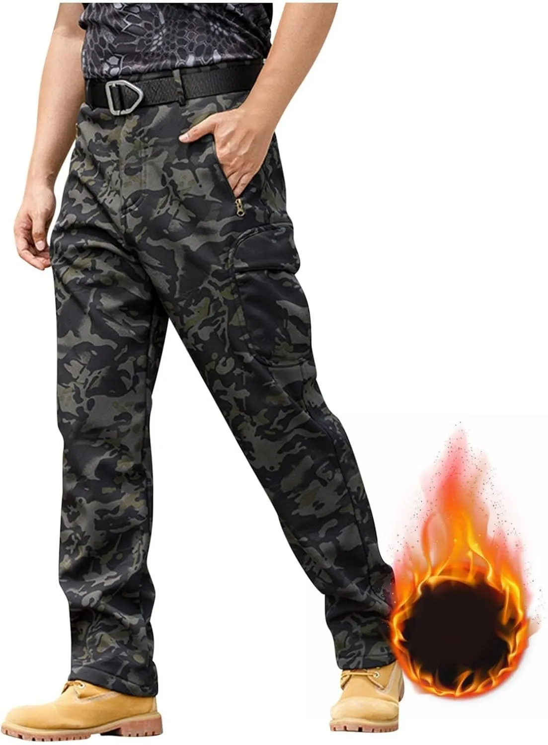 Tactical Pants for Men Waterproof Hiking Fleece Lined Pants with Multi Pockets Outdoor Flex Camo Cargo Pants