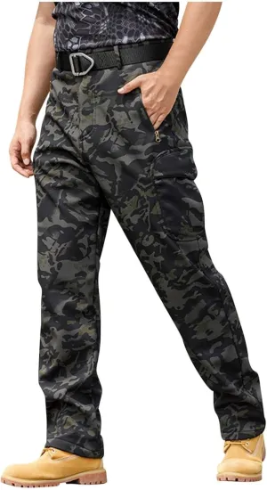 Tactical Pants for Men Waterproof Hiking Fleece Lined Pants with Multi Pockets Outdoor Flex Camo Cargo Pants