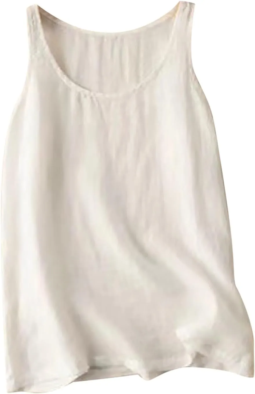 Tank Tops for Women Trendy Cotton Linen Crew Neck Sleeveless Shirts Casual Fashion Solid Blouses Summer Loose Fit Tees