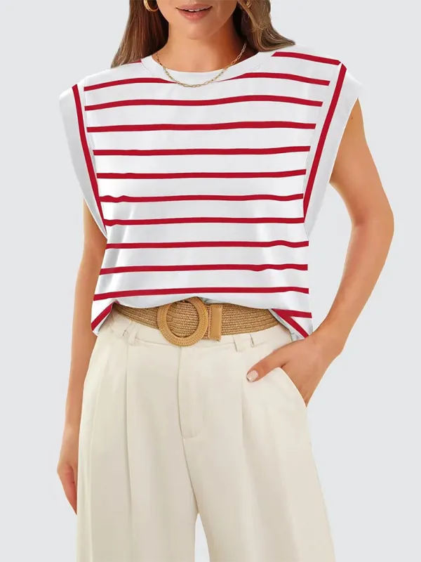 Tara New Round Neck Loose Short Sleeve T-Shirt Striped Top