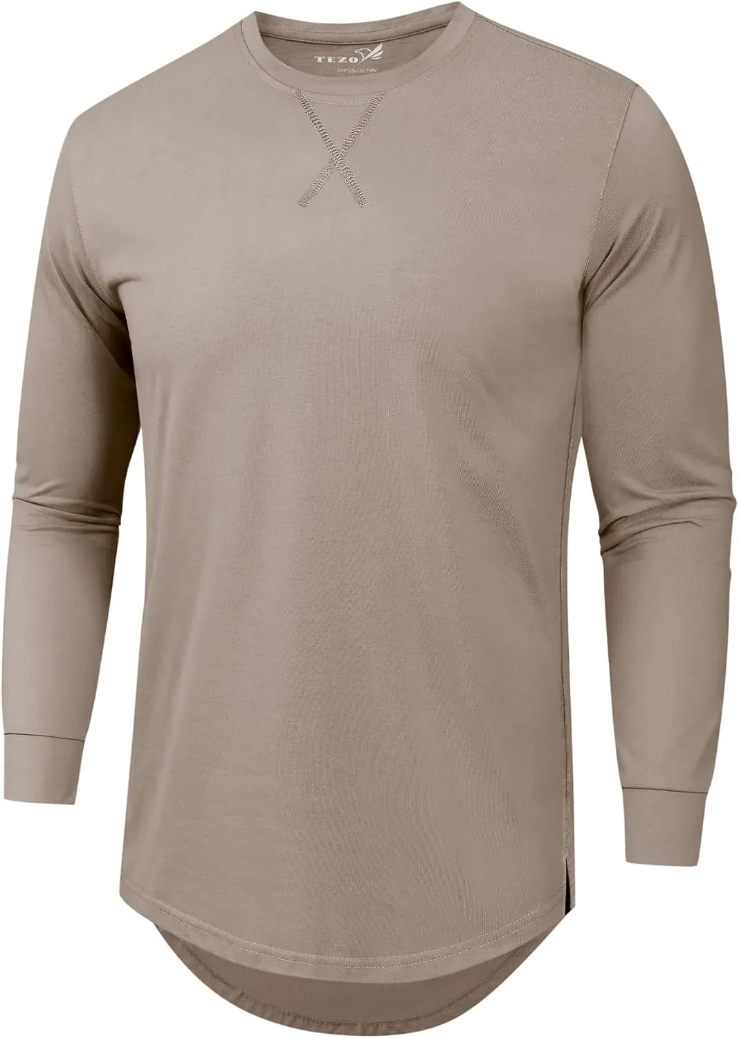 TEZO Mens 3 Pack Cotton Plain T Shirts Crew Neck Long Sleeve Casual Tee Shirts Hipster Hip Hop Longline Droptail Shirt