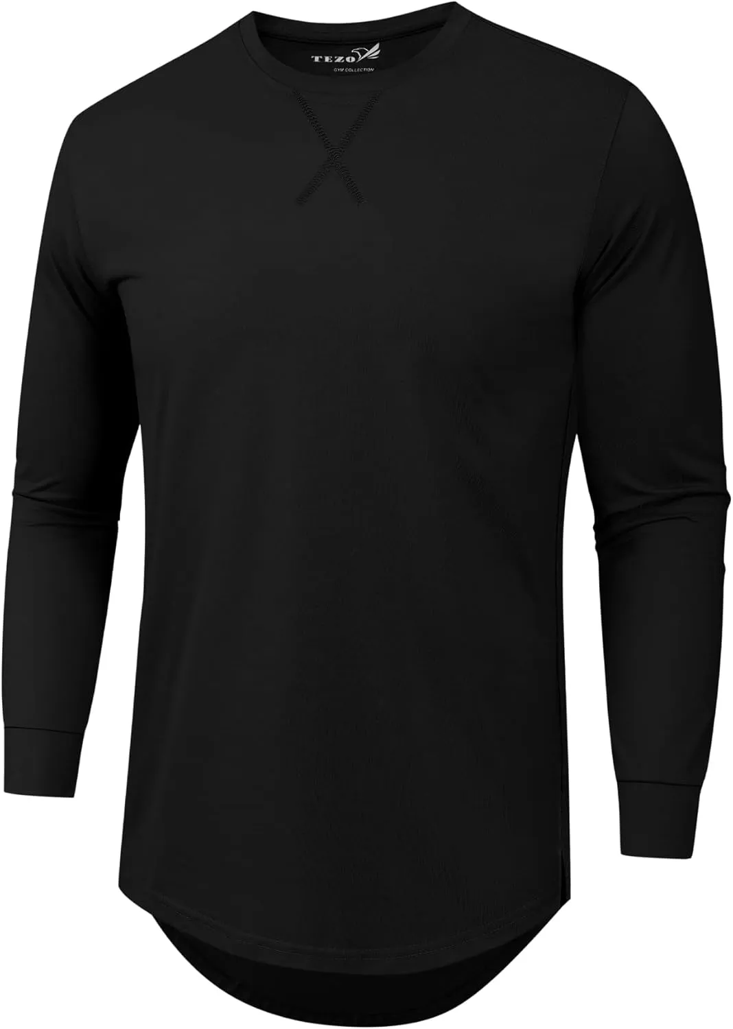 TEZO Mens 3 Pack Cotton Plain T Shirts Crew Neck Long Sleeve Casual Tee Shirts Hipster Hip Hop Longline Droptail Shirt