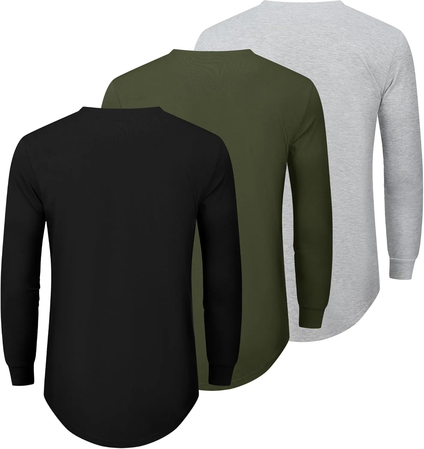 TEZO Mens 3 Pack Cotton Plain T Shirts Crew Neck Long Sleeve Casual Tee Shirts Hipster Hip Hop Longline Droptail Shirt