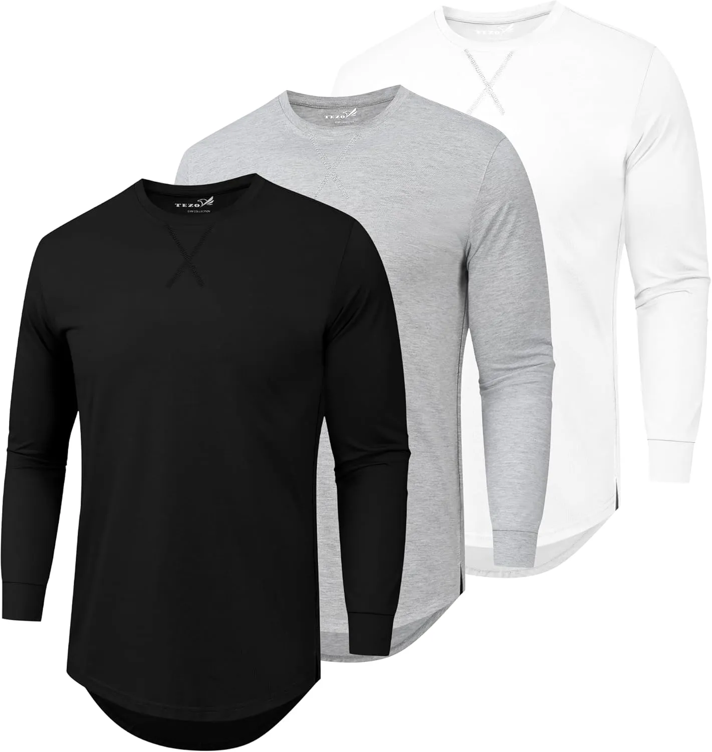 TEZO Mens 3 Pack Cotton Plain T Shirts Crew Neck Long Sleeve Casual Tee Shirts Hipster Hip Hop Longline Droptail Shirt