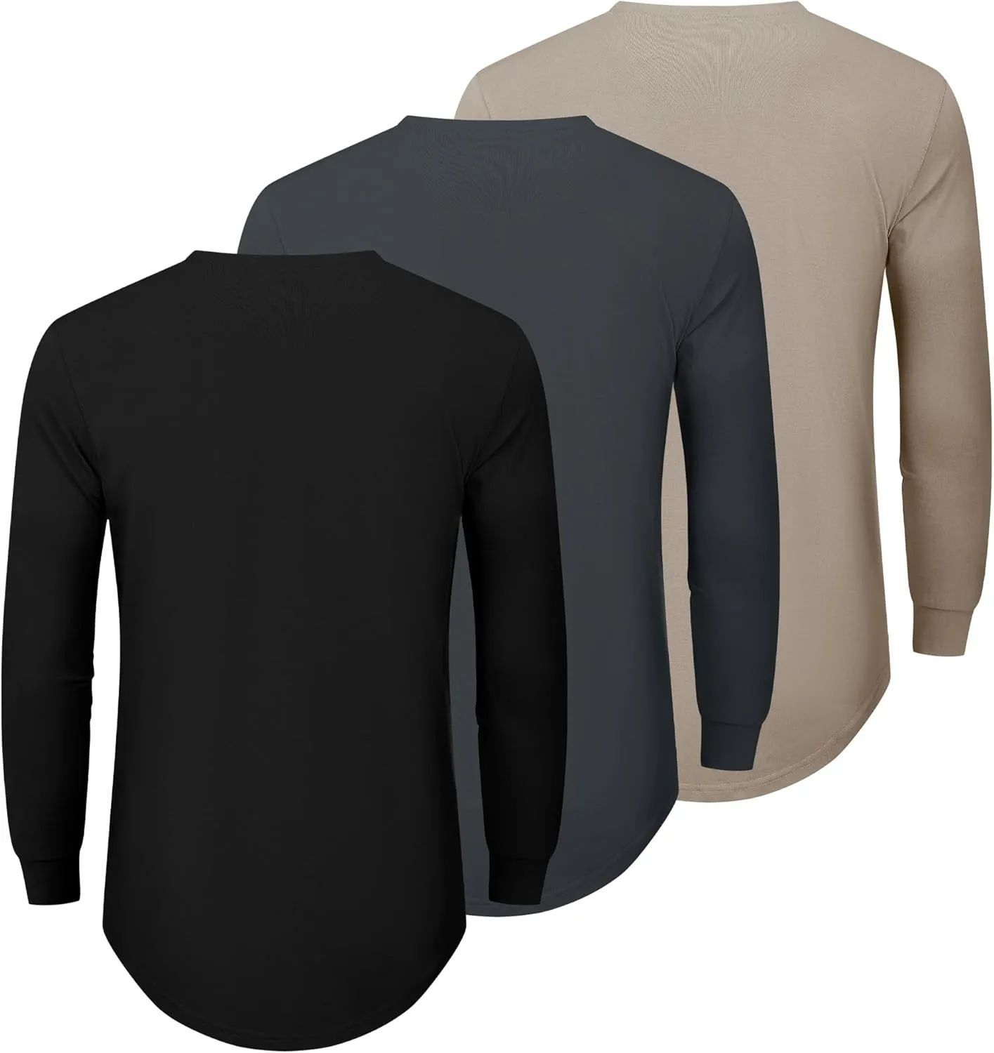 TEZO Mens 3 Pack Cotton Plain T Shirts Crew Neck Long Sleeve Casual Tee Shirts Hipster Hip Hop Longline Droptail Shirt