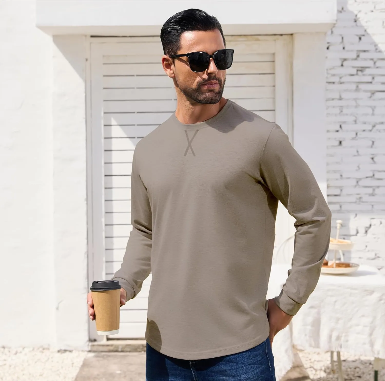 TEZO Mens 3 Pack Cotton Plain T Shirts Crew Neck Long Sleeve Casual Tee Shirts Hipster Hip Hop Longline Droptail Shirt