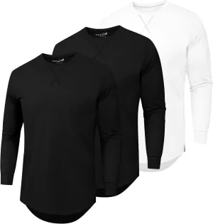 TEZO Mens 3 Pack Cotton Plain T Shirts Crew Neck Long Sleeve Casual Tee Shirts Hipster Hip Hop Longline Droptail Shirt