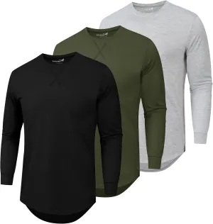 TEZO Mens 3 Pack Cotton Plain T Shirts Crew Neck Long Sleeve Casual Tee Shirts Hipster Hip Hop Longline Droptail Shirt