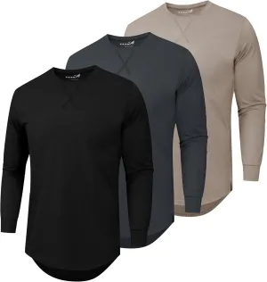 TEZO Mens 3 Pack Cotton Plain T Shirts Crew Neck Long Sleeve Casual Tee Shirts Hipster Hip Hop Longline Droptail Shirt