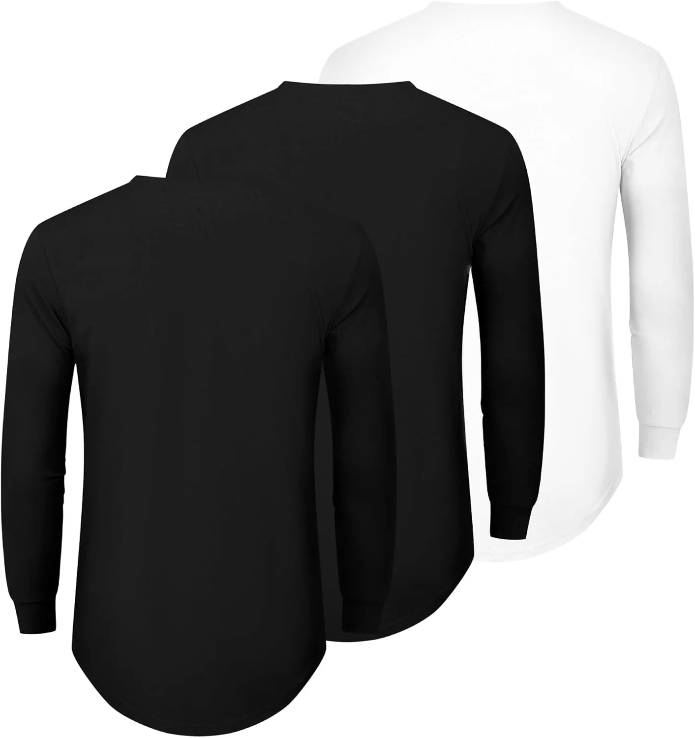 TEZO Mens 3 Pack Cotton Plain T Shirts Crew Neck Long Sleeve Casual Tee Shirts Hipster Hip Hop Longline Droptail Shirt